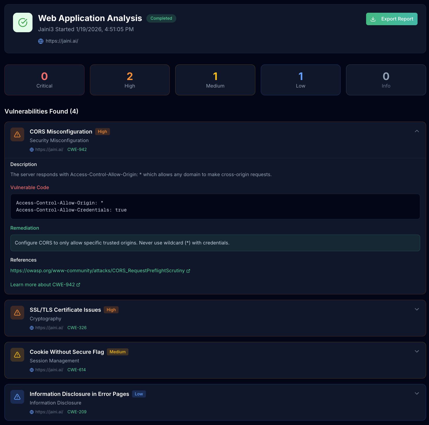DAST results screen